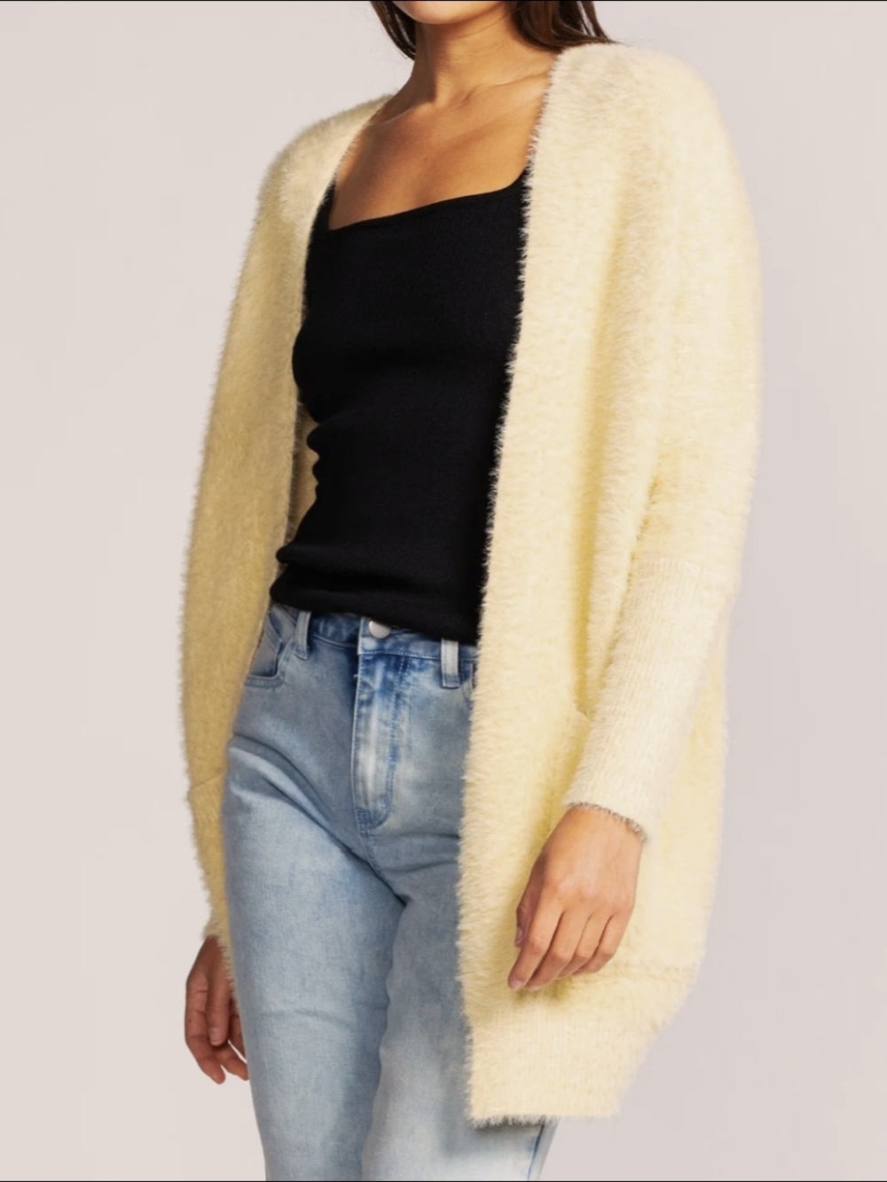 NWT Pink Martini Arielle Women's Fuzzy Open Front Cardigan Pale Yellow Size S